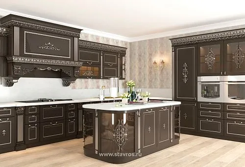 Modern dark-colored kitchen set with decorative elements and central island