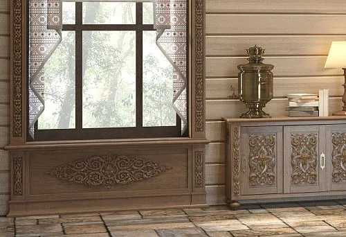Interior with carved furniture and decorative finishes in Russian style