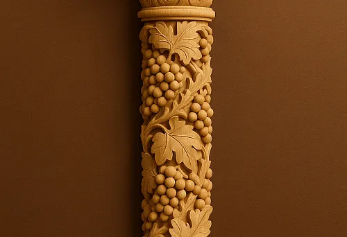 Decorative carved half-column made of wood with a classical capital and grapevine motif