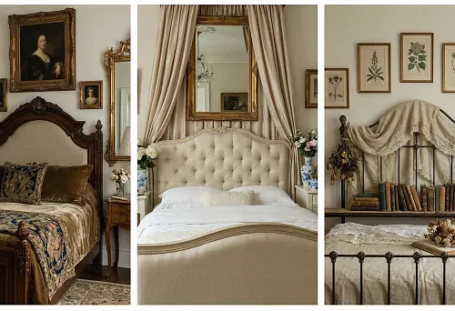 Classic bed with carved wooden headboard and gallery of paintings in gold frames