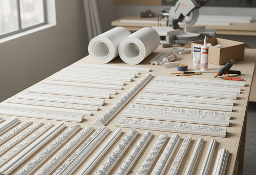 A set of decorative polyurethane moldings on the master's workbench &mdash; carved profiles and stucco elements for wall decoration, prepared for installation.