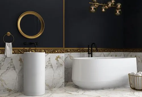 Bathroom Interior with Wall Wooden Frame and Carved Molding