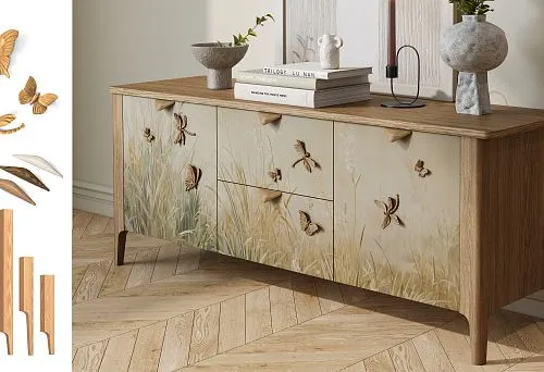 Modern Wooden Chest with Carved Butterflies and Floral Decor