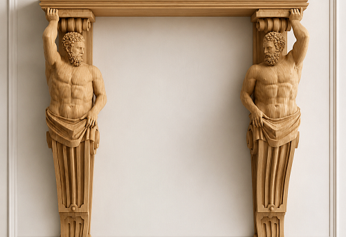Paired carved wooden brackets KR-068L and KR-068R for a symmetrical interior composition