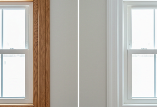 Wooden architrave with natural oak texture and white polyurethane architrave.