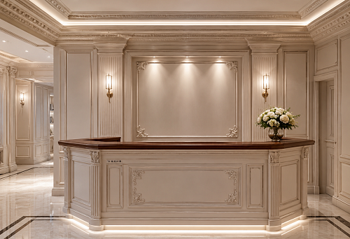 Classic style reception desk: wooden decor and polyurethane molding