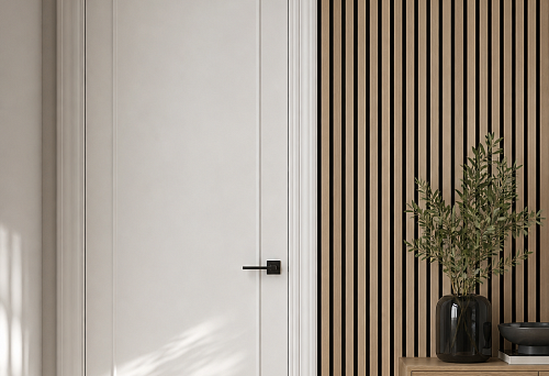 Door to the right of the slatted wall with one decorative overlay NPU-293L