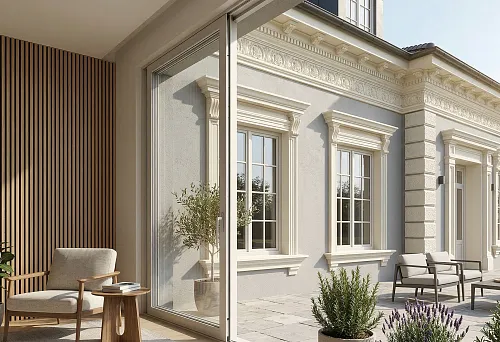 Slat panels in the interior by a panoramic window with a view of polyurethane facade decor
