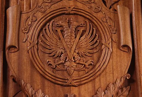 Wooden relief with the image of the double-headed eagle, symbolizing power and grandeur