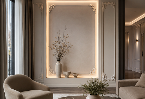 How to design a decorative niche with stucco: moldings, lighting, and elements for an accent wall