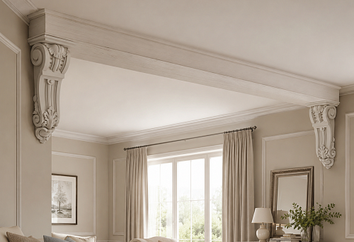 Two carved brackets KRPU.VRS-013 250 &times; 100 &times; 61 mm at the ends of the ceiling faux beam