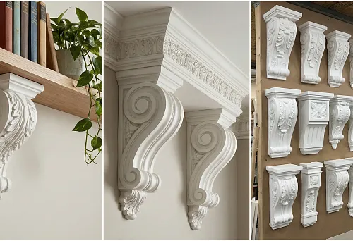 Polyurethane console with ornament: decorative bracket for a wooden shelf in the interior