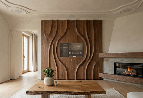 Smart Home Interior 2026 with Carved Wooden Panels, Built-in IoT Panel, and Modern Fireplace