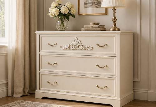 How to make a simple dresser classic without replacing the fronts: carved overlay NPU-251 on the top drawer