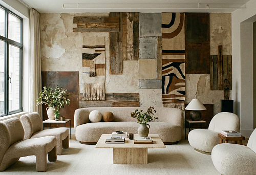 Modern living room with upholstered furniture and an art wall made of wood and textiles &mdash; when walls become art