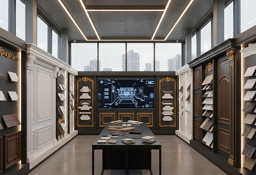 Showroom of Interior Moldings and Trims with Samples of Decorative Profiles and Wall Panels in Various Styles