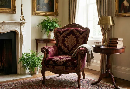 Classic armchair with burgundy jacquard upholstery by the fireplace, side table with lamp, books and curtains in the living room