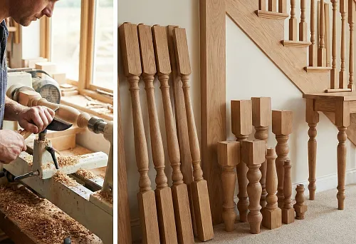 A craftsman turns a wooden baluster on a lathe, nearby are blanks of balusters and furniture legs for stairs
