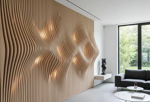 Modern interior with wavy wall made of beech slats with lighting