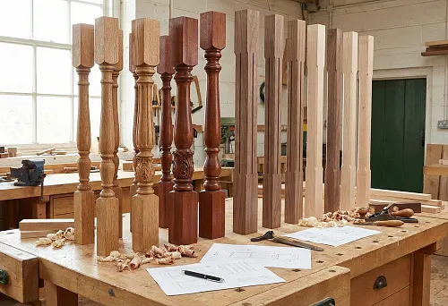 Wooden balusters of various shapes and wood species, arranged in a row in a carpentry workshop.