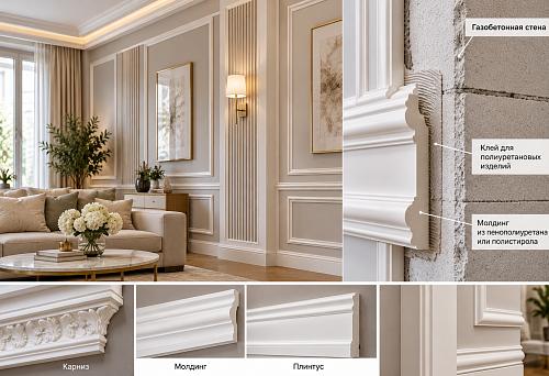 Polyurethane foam, polystyrene, or polyurethane for aerated concrete walls: which moldings and stucco to choose