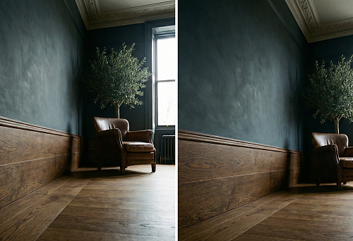 Wide solid wood baseboard along a dark wall: high profile 100&ndash;200 mm and expressive wood texture