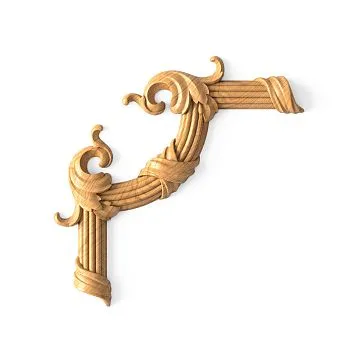 Carved appliqu&eacute; N-419 in wood, shaped like leaves and a curved ribbon