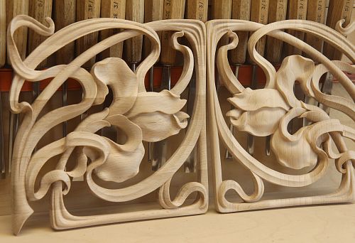 Carved adhesive decor made of wood with floral motif in modern style