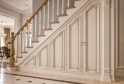 Classic style closet under stairs: wooden decor and polyurethane stucco