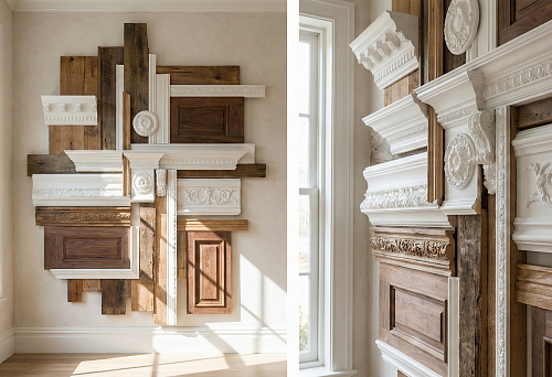 Wooden wall decor and polyurethane stucco: a multi-layered three-dimensional composition of panels and moldings