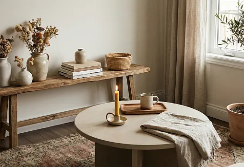 A cozy living room with a wooden bench, ceramic vases, and dried flowers in a natural color palette.