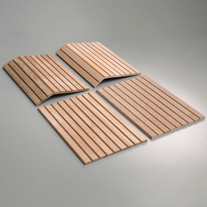 Samples of slat panel OPAN-007 made of MDF, beech and oak with longitudinal relief