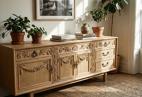 Wooden Dresser with Carved Overlays and Decorative Elements in a Classic Style Against a Light Room Background