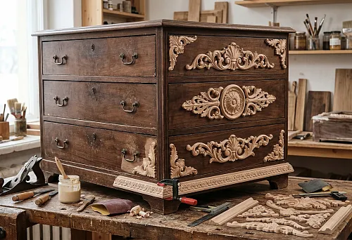 Wooden furniture decor for dresser: carved overlays and ornaments on drawer fronts