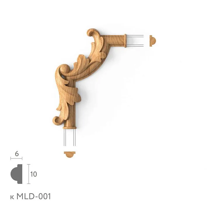 Corner decorative element MLD-1U-2.1L made of beech &mdash; carved corner for MLD-001 molding under enamel
