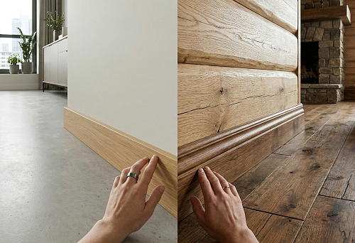 Wooden baseboard for apartment: flat light profile in modern interior on concrete floor