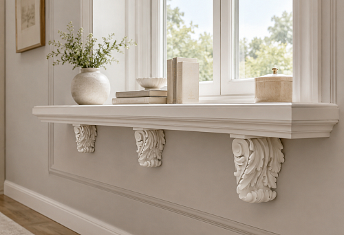 KRPU-036 carved polyurethane brackets beneath a wide windowsill in the interior