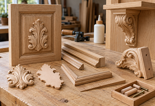 Decorative woodworking elements made of natural wood