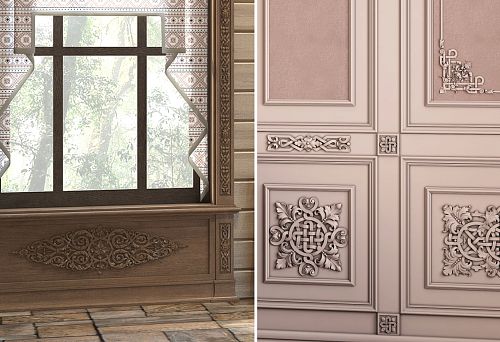 Cafe interior in Russian style with carved wooden decor