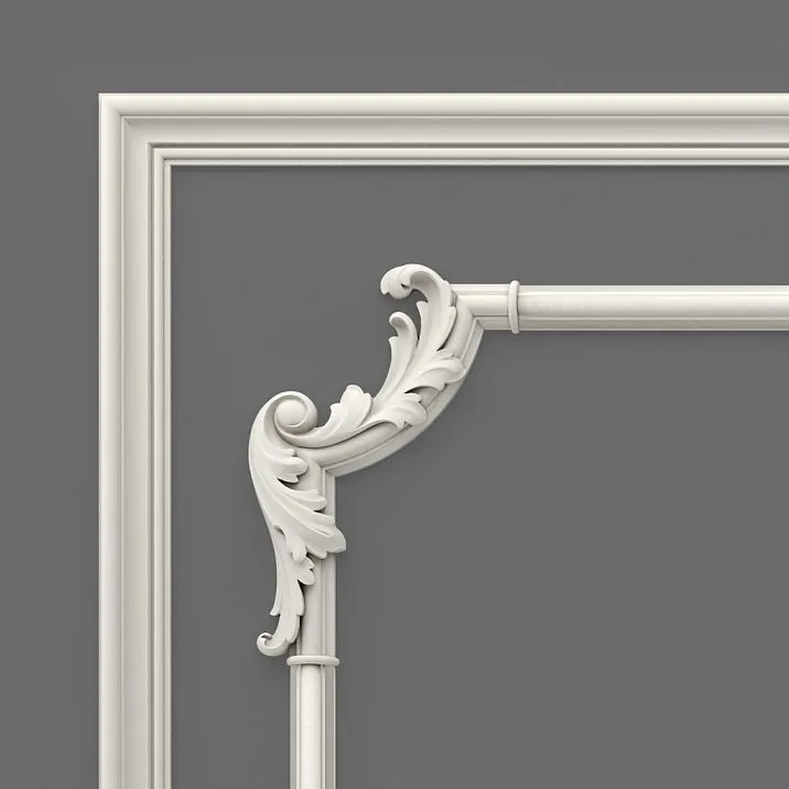 Close-up of the corner element of the CPU-5-1 set: baroque scroll and joint with molding in a classic frame.