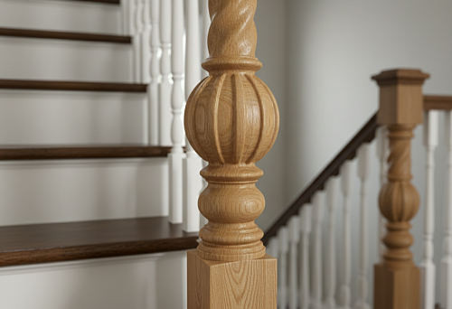 Turned Oak Wooden Baluster with Decorative Ball and Twisted Profile on a Staircase with Dark Steps and White Railings