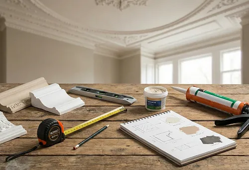 Checklist before ordering moldings &mdash; tape measure and level for measuring perimeter and checking ceiling geometry