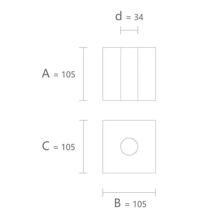 Drawing of the geometric figure KN-011 size 105 &times; 105 &times; 105 mm with a 34 mm hole