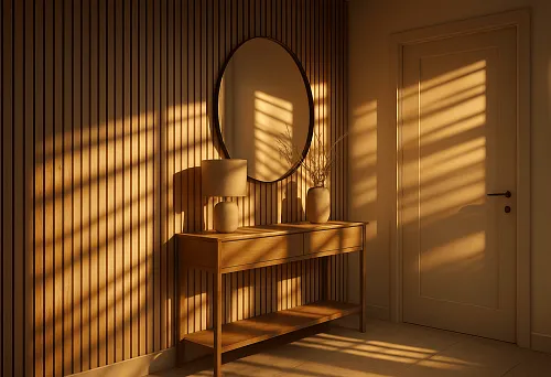 MDF slats on the wall in the hallway with a console table and mirror