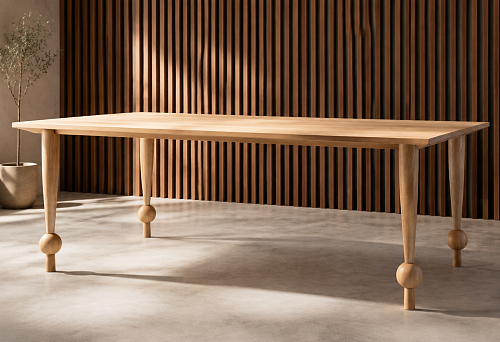 Table on modern furniture legs MN-238 with a spherical middle in front of a slatted wall