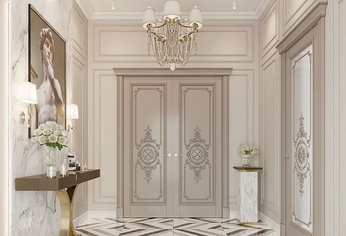 Baroque-style interior with carved double doors from Stavros.