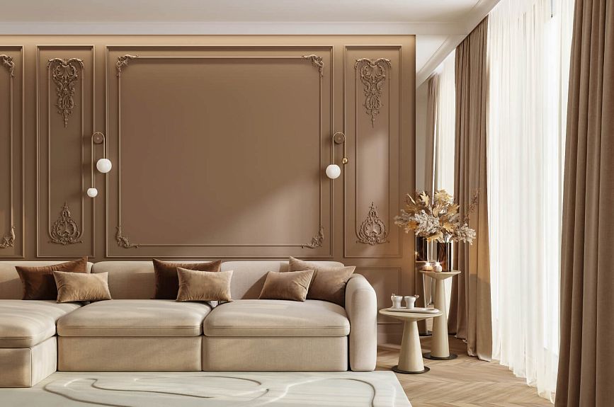 Idea for decorating Peterhof INTPU-037 wall panels with a beige-caramel wall, moldings, and stucco decor