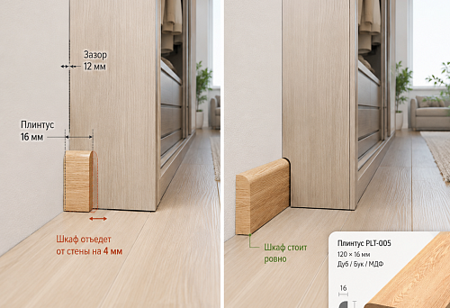 Wooden skirting board PLT-005 120&times;16 mm next to a built-in wardrobe with a 12 mm gap from the wall