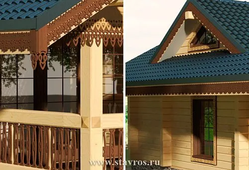 Decorative wooden gable with carved elements on the house facade