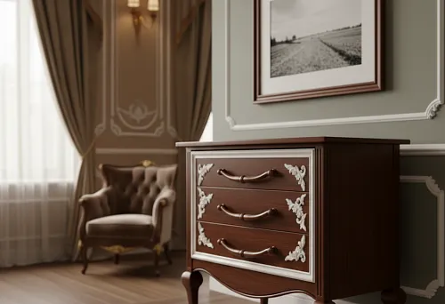 Wooden dresser with carved wooden handles and a picture in a wooden frame on the wall, executed in a unified wood palette of a classic interior